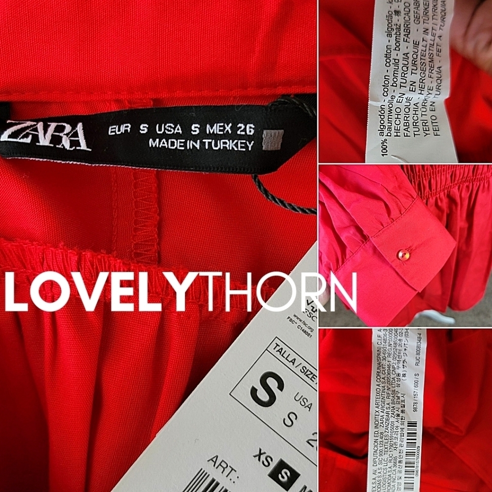ZARA // retro-chic red poplin collar smock waist long sleeve plunge mini dress - Picture 15 of 16
